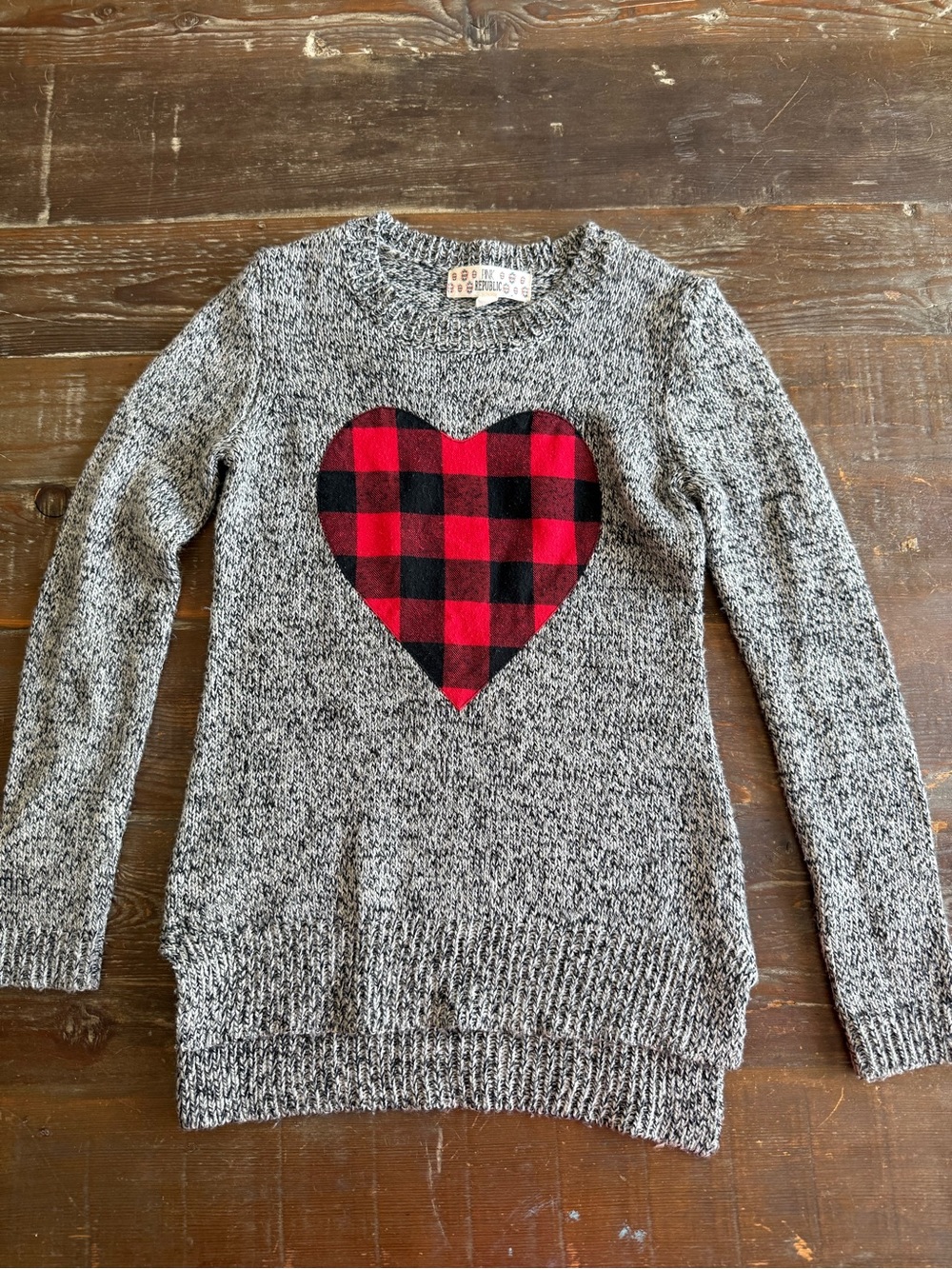 Pink Republic Gray Knit Crewneck Sweater with Red and Black Buffalo Check Heart
